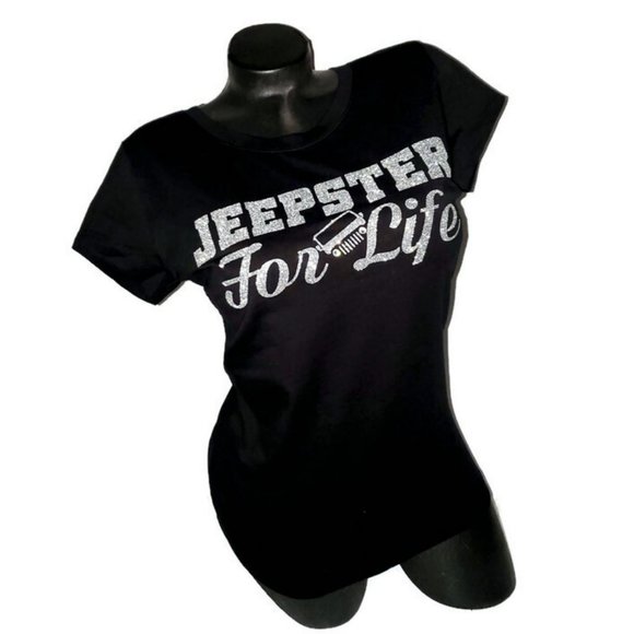 Jeepster For Life Fitted Spandex Black Tee with Shiny Lettering. - Picture 2 of 6